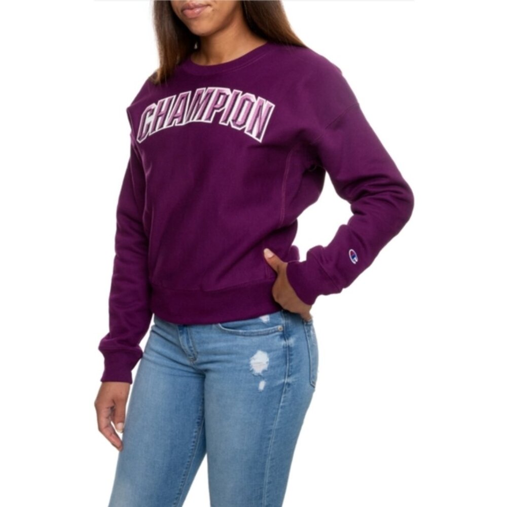 Champion Reverse Weave Sweatshirt Purple Logo Crew Neck Fleece Size Medium